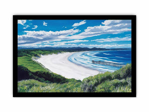 Coastal bay artwork with ocean waves, cliffs and pier for elegant living room decor