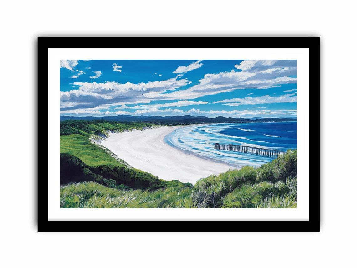 Coastal bay artwork with ocean waves, cliffs and pier for elegant living room decor