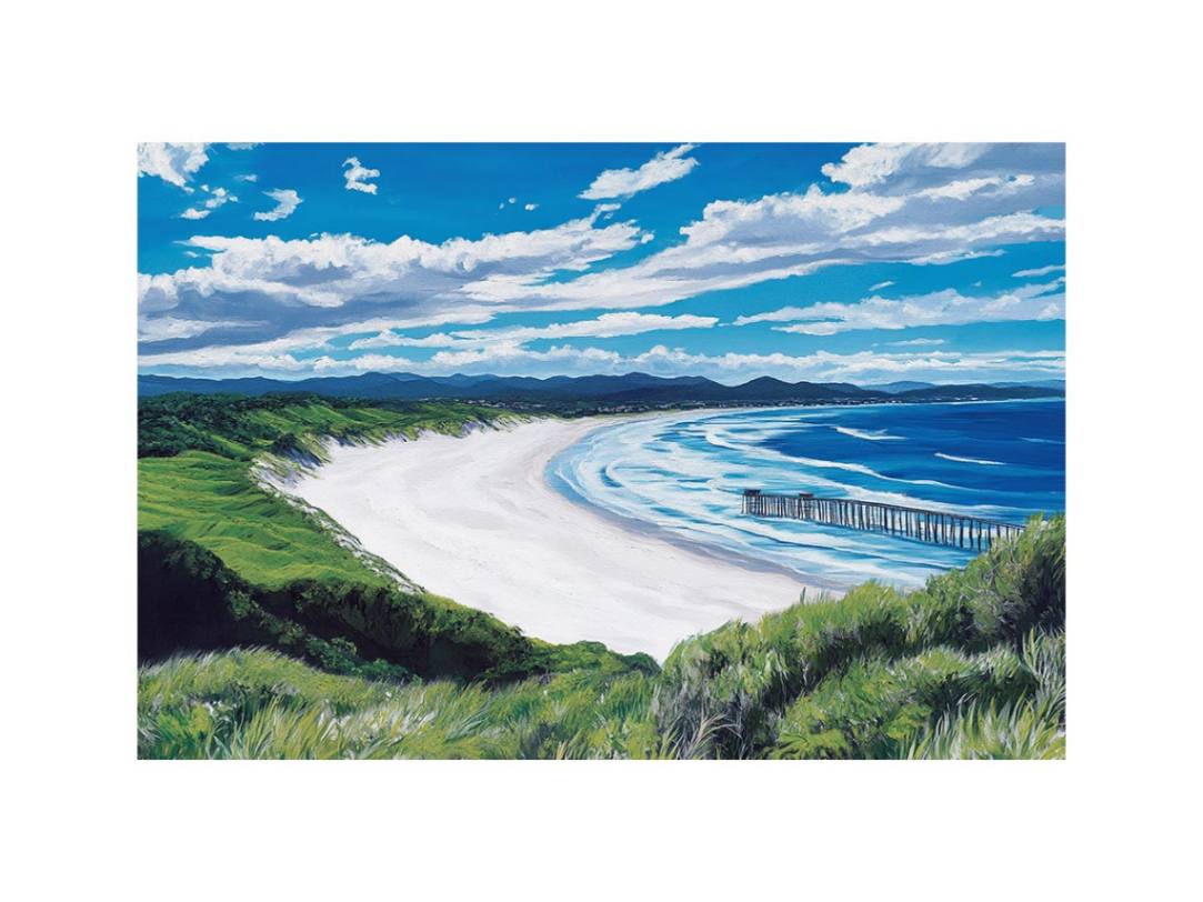 Coastal bay artwork with ocean waves, cliffs and pier for elegant living room decor