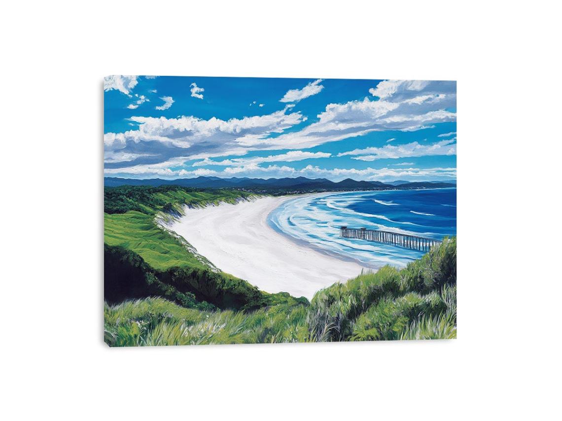 Coastal bay artwork with ocean waves, cliffs and pier for elegant living room decor