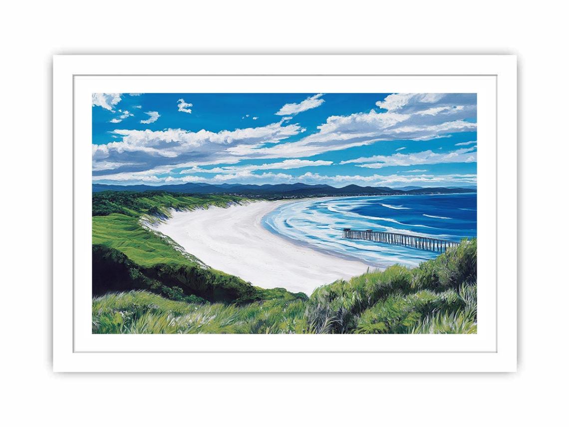 Coastal bay artwork with ocean waves, cliffs and pier for elegant living room decor
