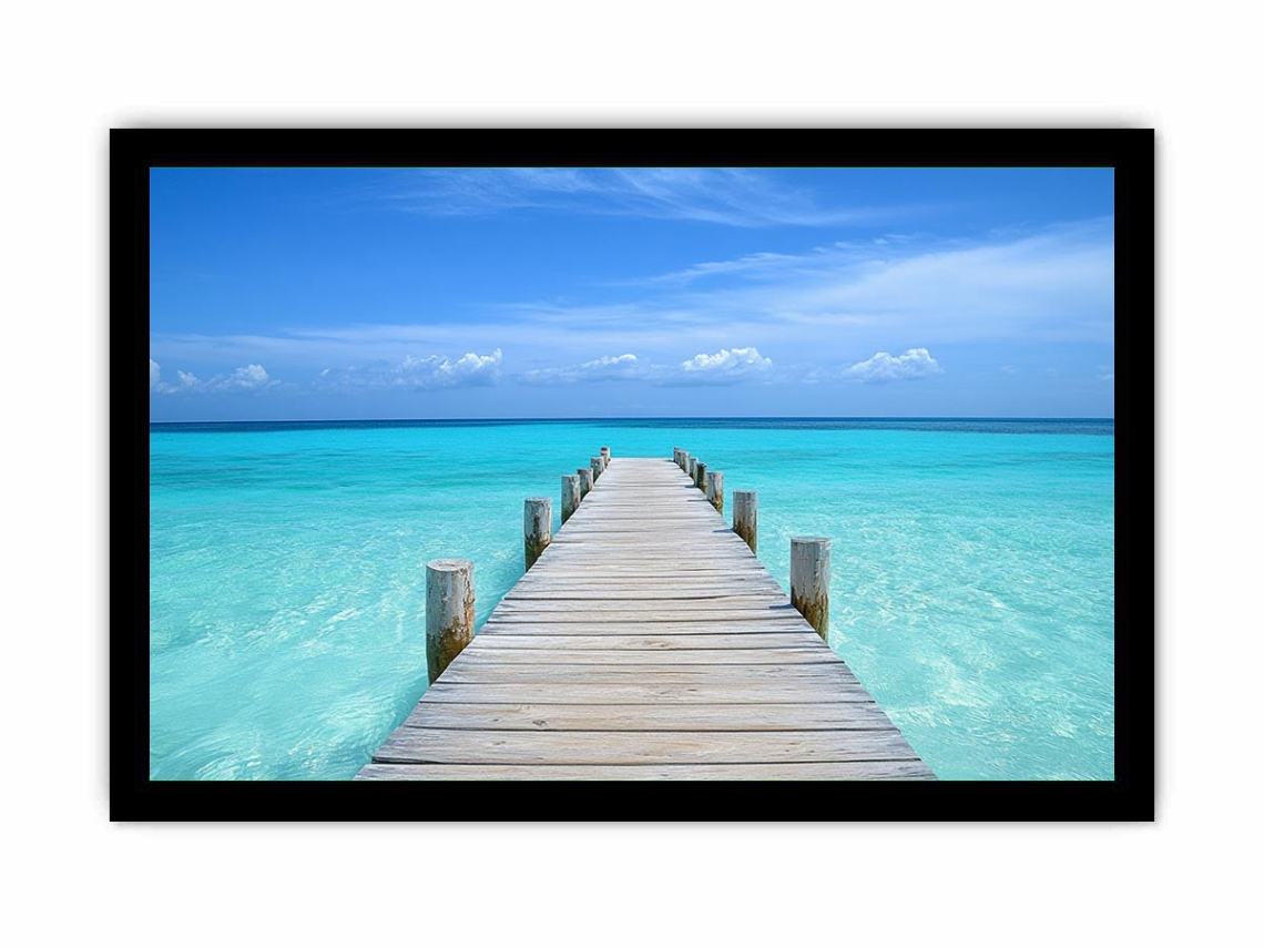 Wooden pier over turquoise ocean water for coastal living room wall decor