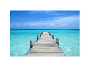 Wooden pier over turquoise ocean water for coastal living room wall decor