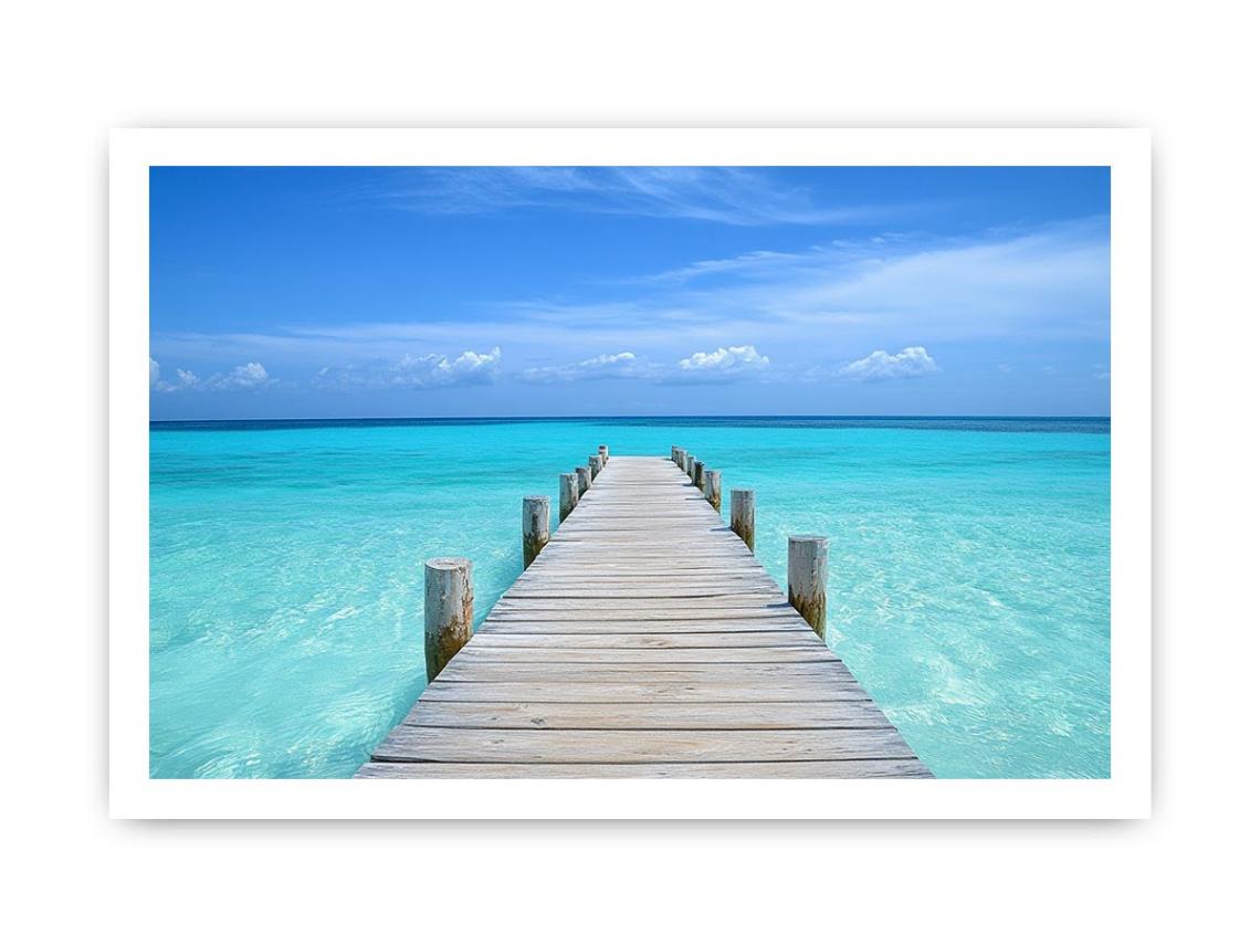 Wooden pier over turquoise ocean water for coastal living room wall decor