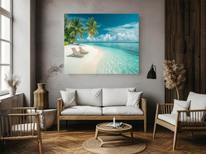 Tropical beach with palm trees and turquoise water for coastal home decor