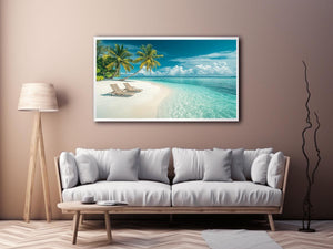 Tropical beach with palm trees and turquoise water for coastal home decor