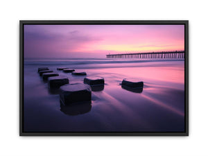Pink sunset beach artwork with pier reflection for elegant bedroom decor