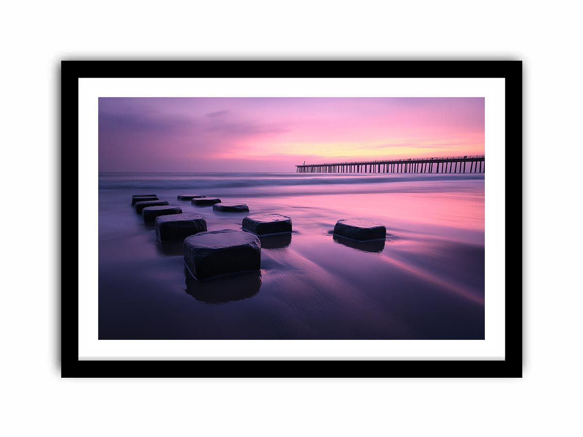 Pink sunset beach artwork with pier reflection for elegant bedroom decor