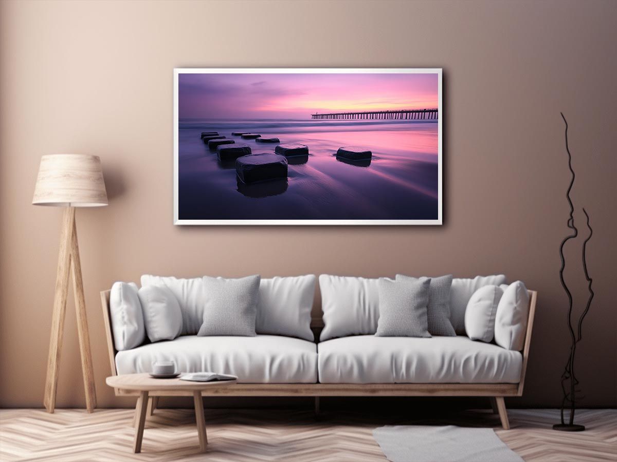 Pink sunset beach artwork with pier reflection for elegant bedroom decor