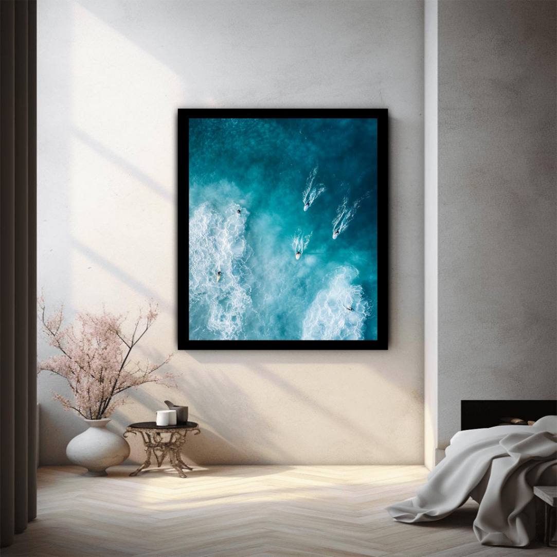 Aerial ocean surfers artwork with turquoise waves for modern coastal wall decor