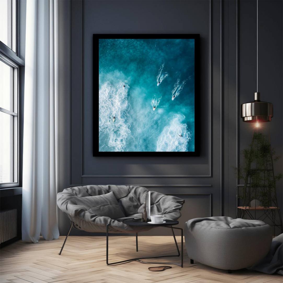 Aerial ocean surfers artwork with turquoise waves for modern coastal wall decor