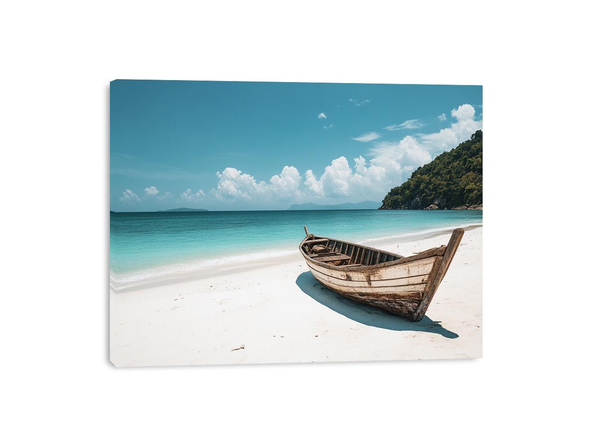 Weathered wooden boat on tropical beach with turquoise ocean for coastal living room decor