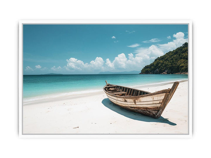 boat On White Sandy Beach Framed Print