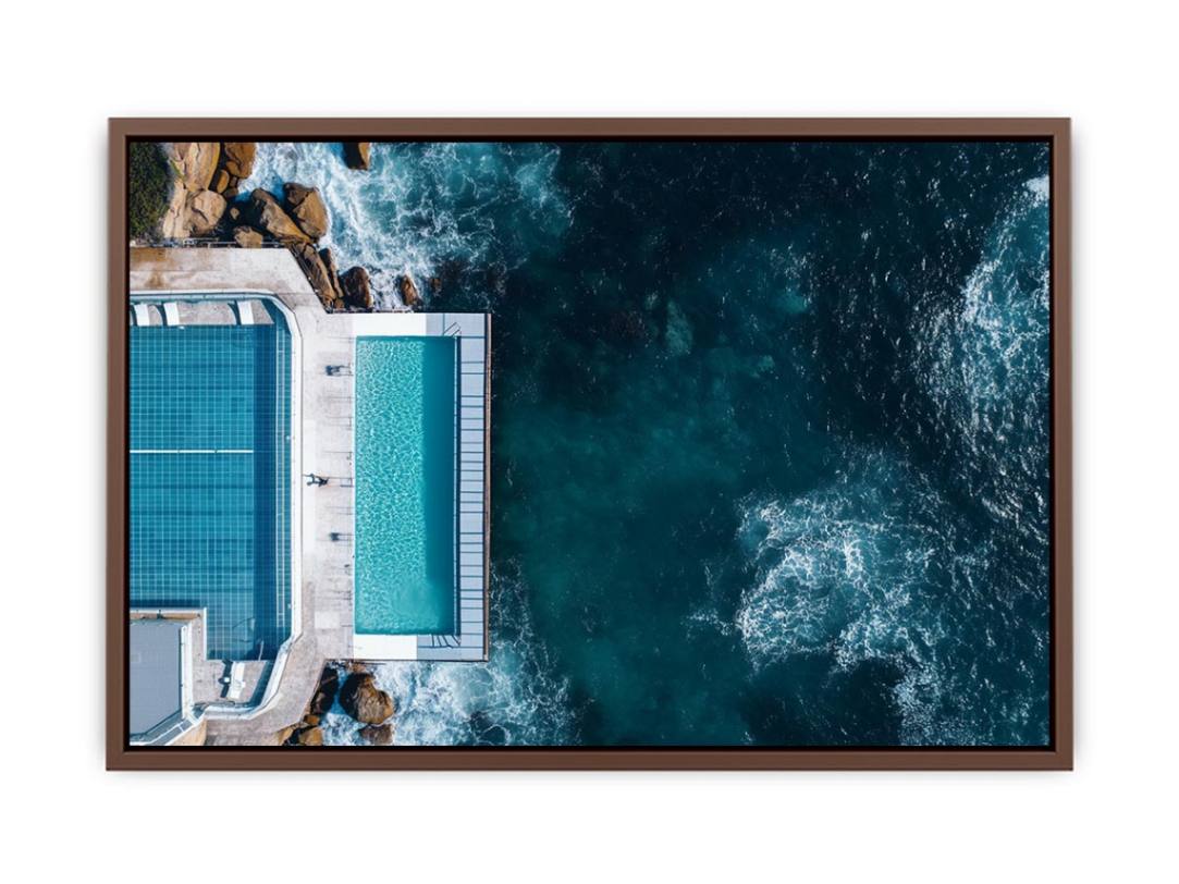 Aerial oceanfront pool photography artwork for modern luxury interior decor