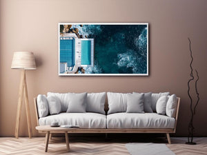 Aerial oceanfront pool photography artwork for modern luxury interior decor