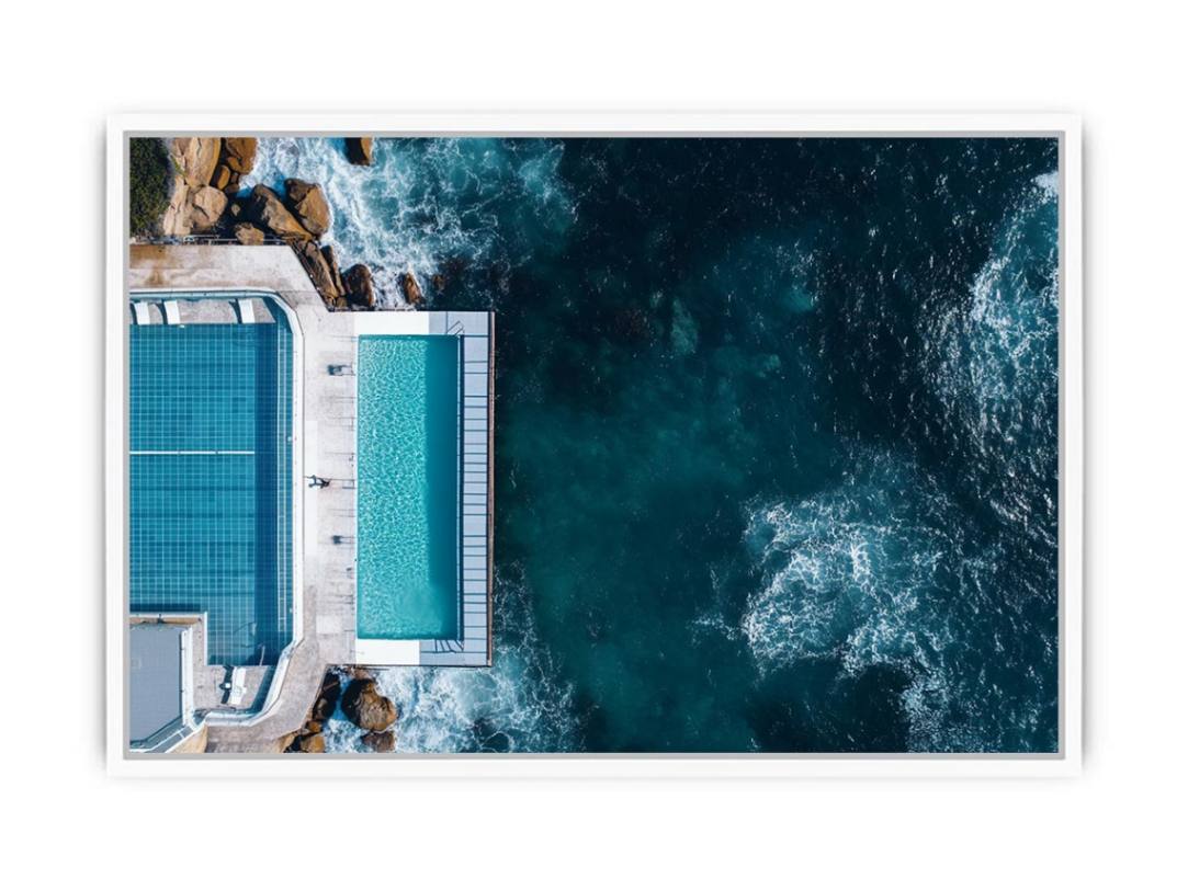 Aerial oceanfront pool photography artwork for modern luxury interior decor