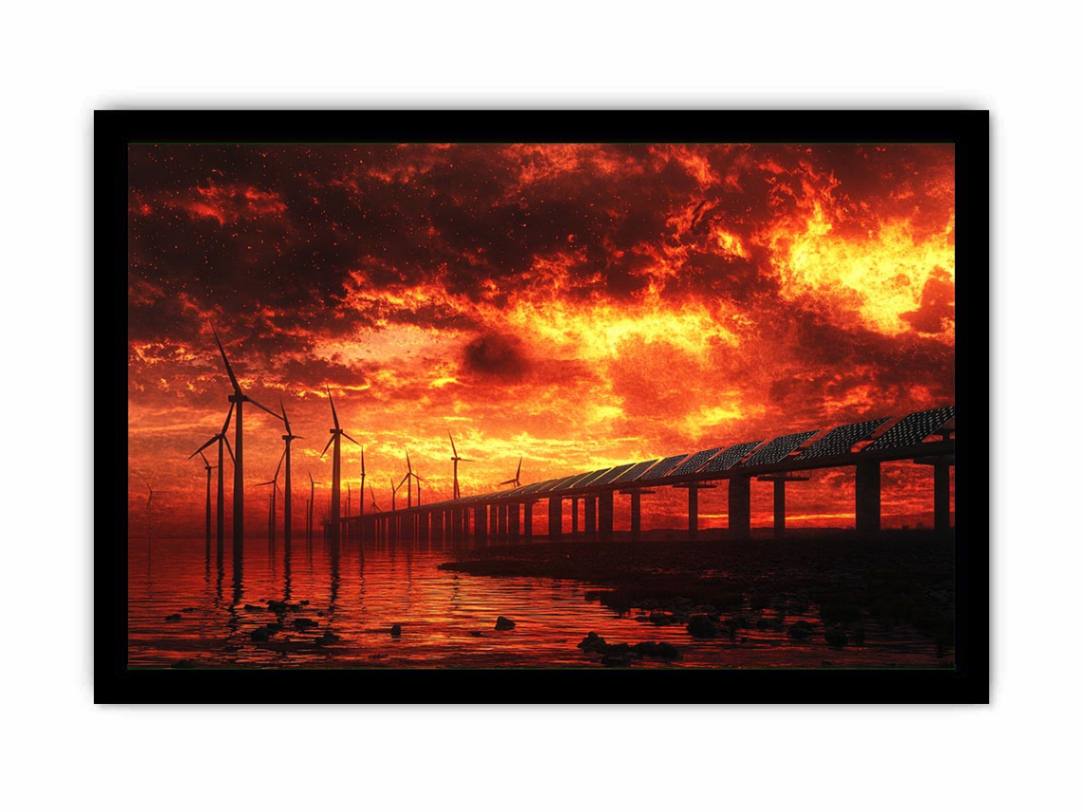 Wind turbines and solar panels beneath dramatic red sunset sky for modern office decor