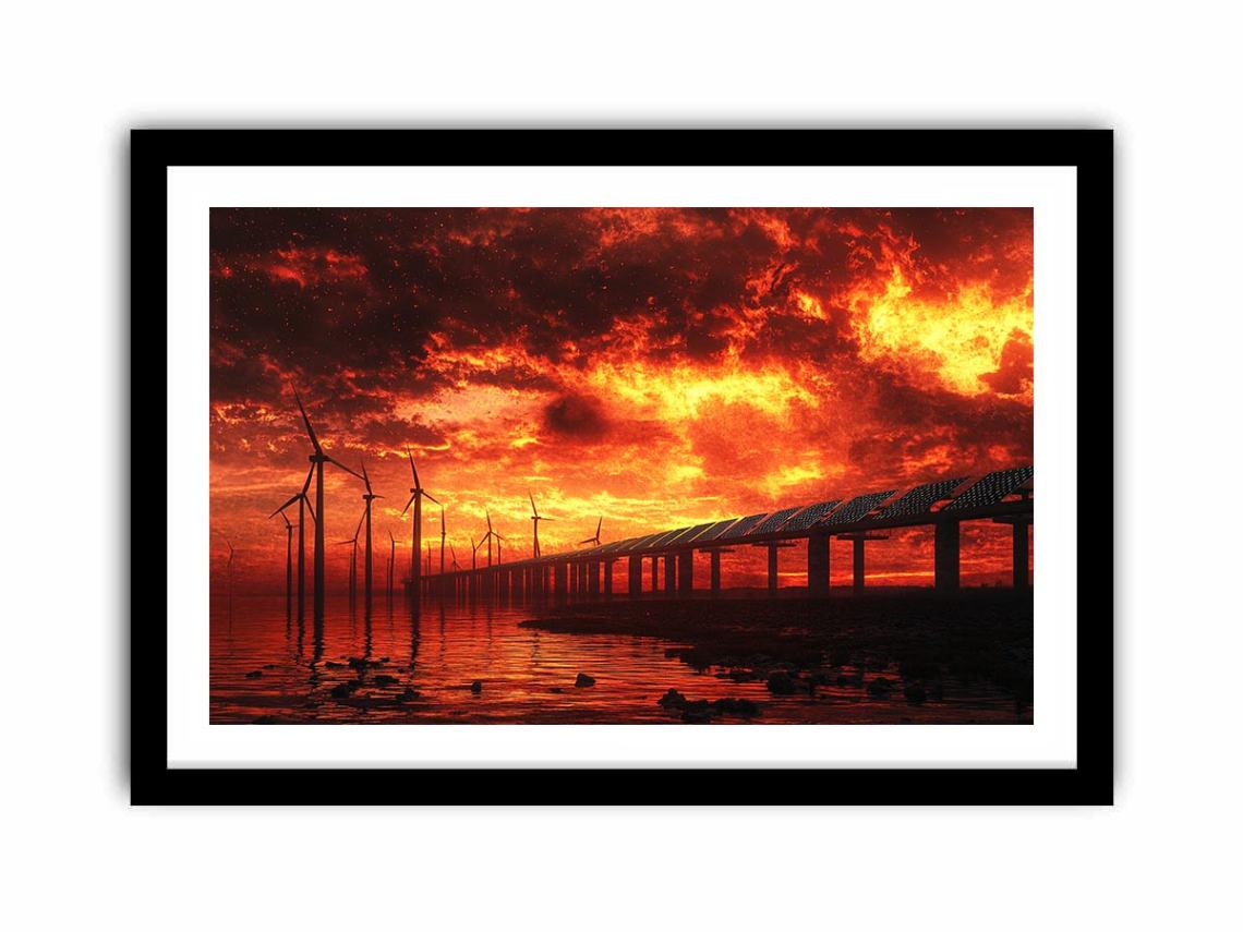 Wind turbines and solar panels beneath dramatic red sunset sky for modern office decor