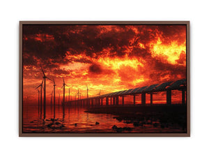 Wind turbines and solar panels beneath dramatic red sunset sky for modern office decor