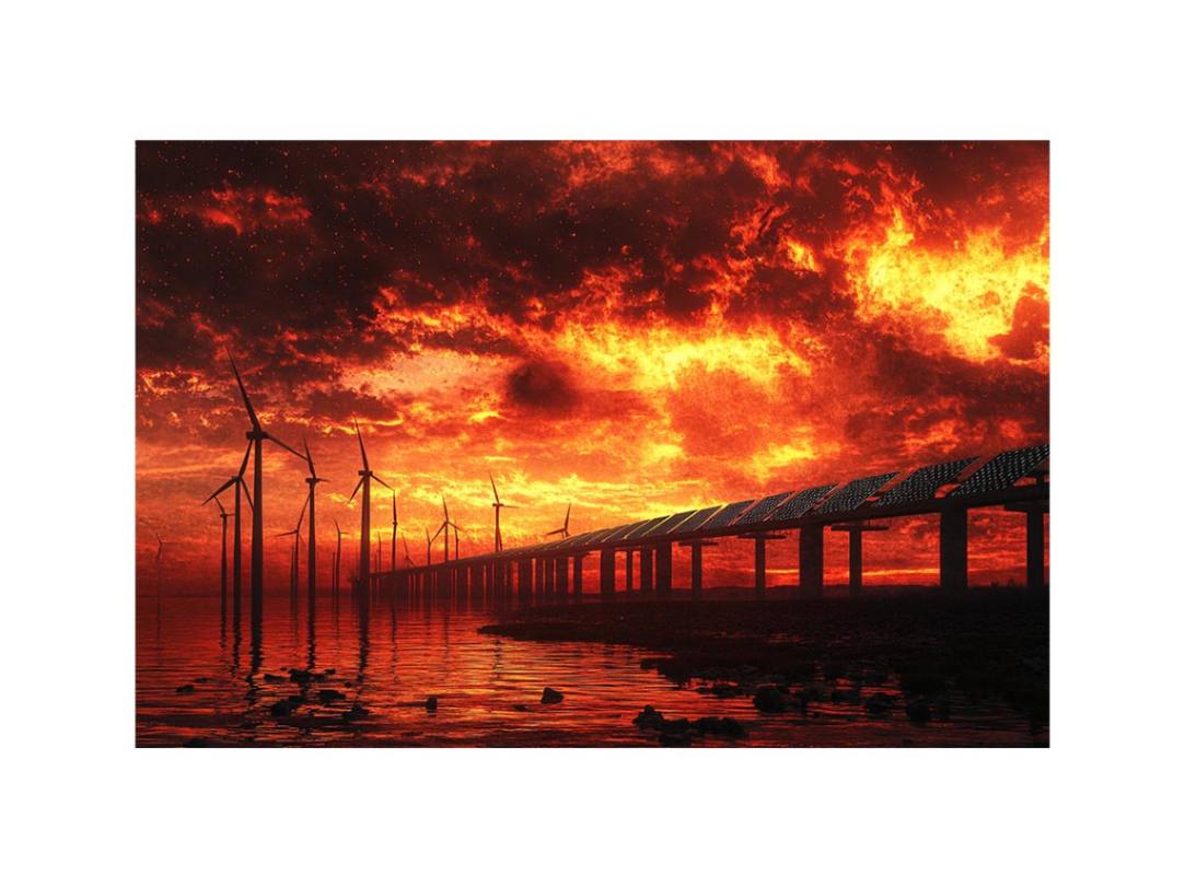 Wind turbines and solar panels beneath dramatic red sunset sky for modern office decor