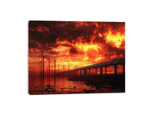 Wind turbines and solar panels beneath dramatic red sunset sky for modern office decor