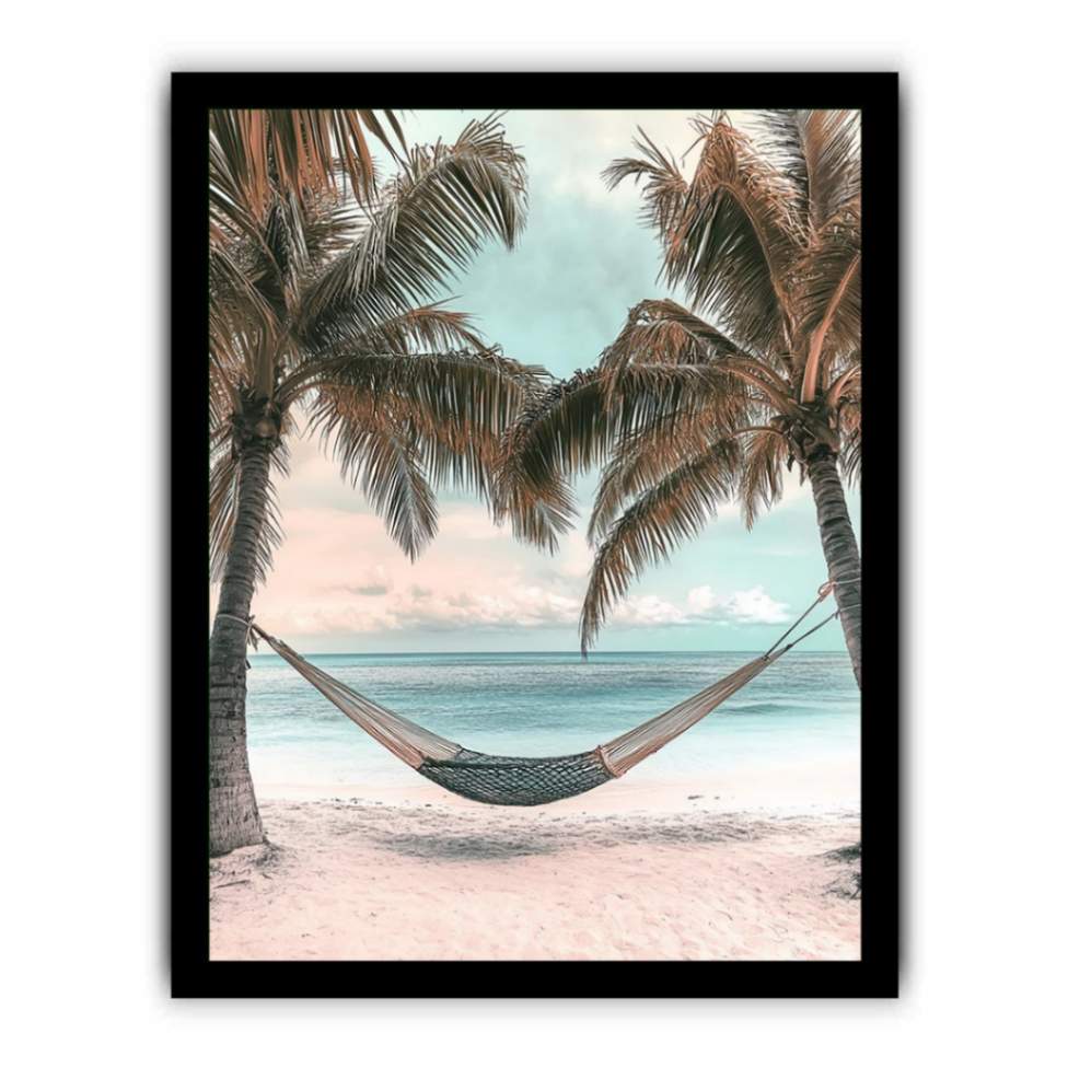 Hammock between palm trees overlooking ocean for peaceful coastal bedroom decor