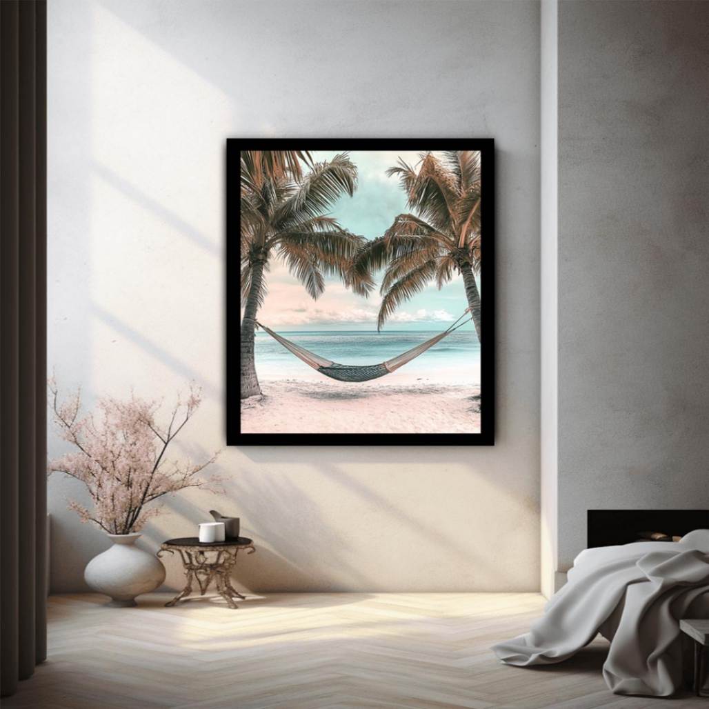 Hammock between palm trees overlooking ocean for peaceful coastal bedroom decor