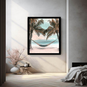 Hammock between palm trees overlooking ocean for peaceful coastal bedroom decor