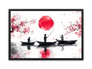 Asian watercolor fishermen artwork with cherry blossoms and red sun for elegant interiors