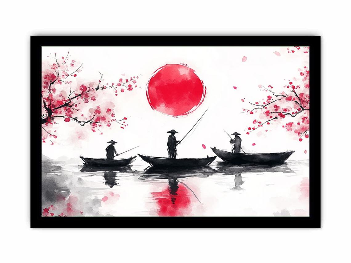 Asian watercolor fishermen artwork with cherry blossoms and red sun for elegant interiors