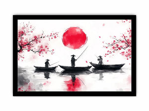Asian watercolor fishermen artwork with cherry blossoms and red sun for elegant interiors