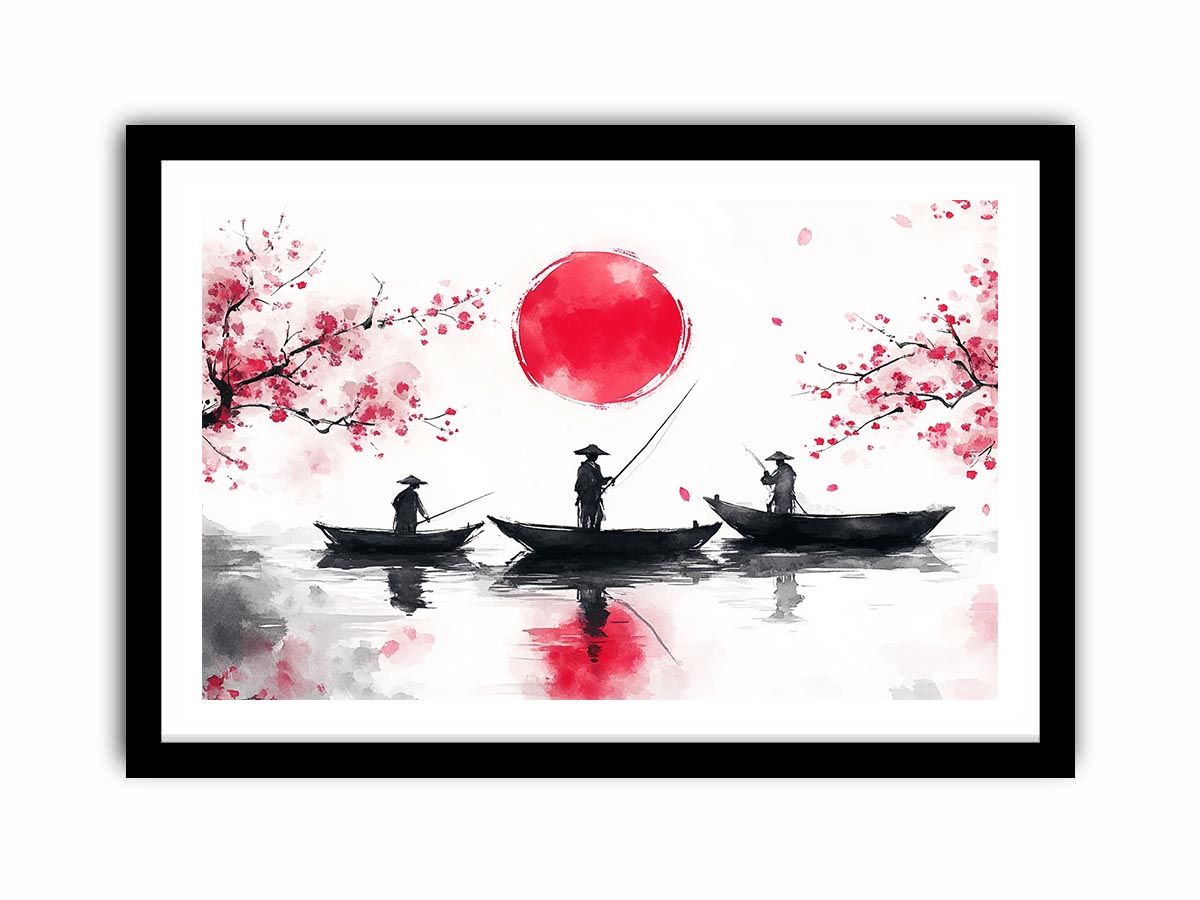 Asian watercolor fishermen artwork with cherry blossoms and red sun for elegant interiors
