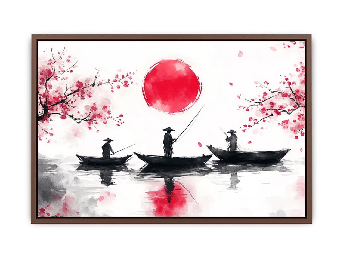 Asian watercolor fishermen artwork with cherry blossoms and red sun for elegant interiors
