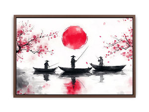 Asian watercolor fishermen artwork with cherry blossoms and red sun for elegant interiors