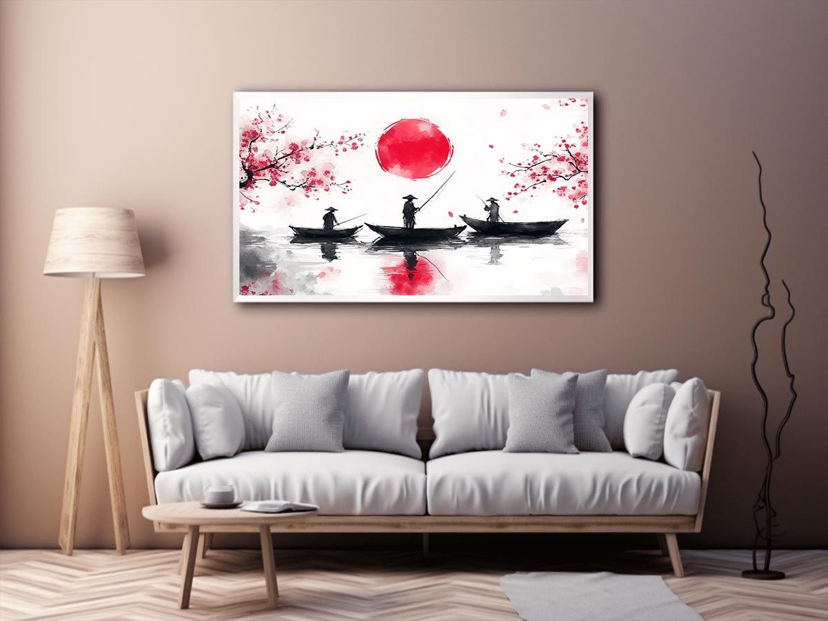 Asian watercolor fishermen artwork with cherry blossoms and red sun for elegant interiors
