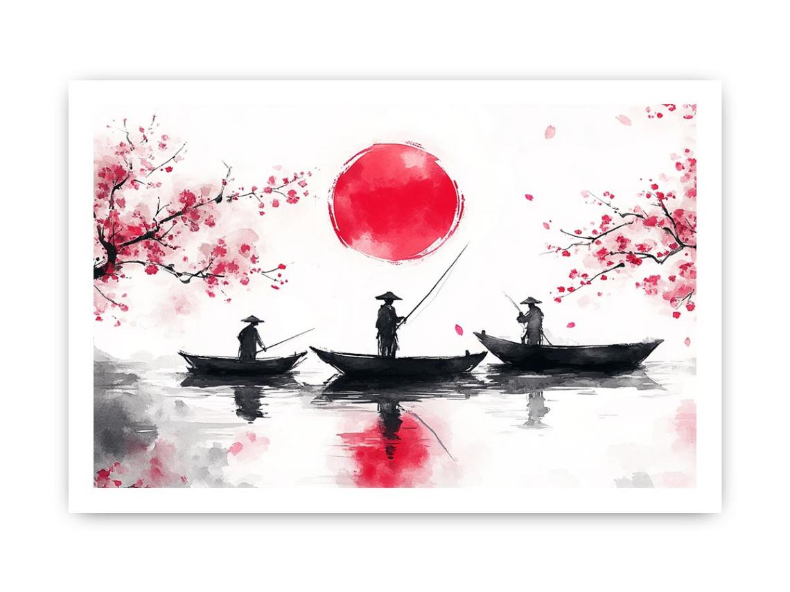 Asian watercolor fishermen artwork with cherry blossoms and red sun for elegant interiors