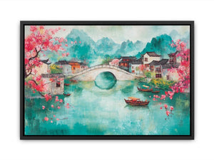 Pastel riverside village painting with bridge and blossoms for elegant living room decor