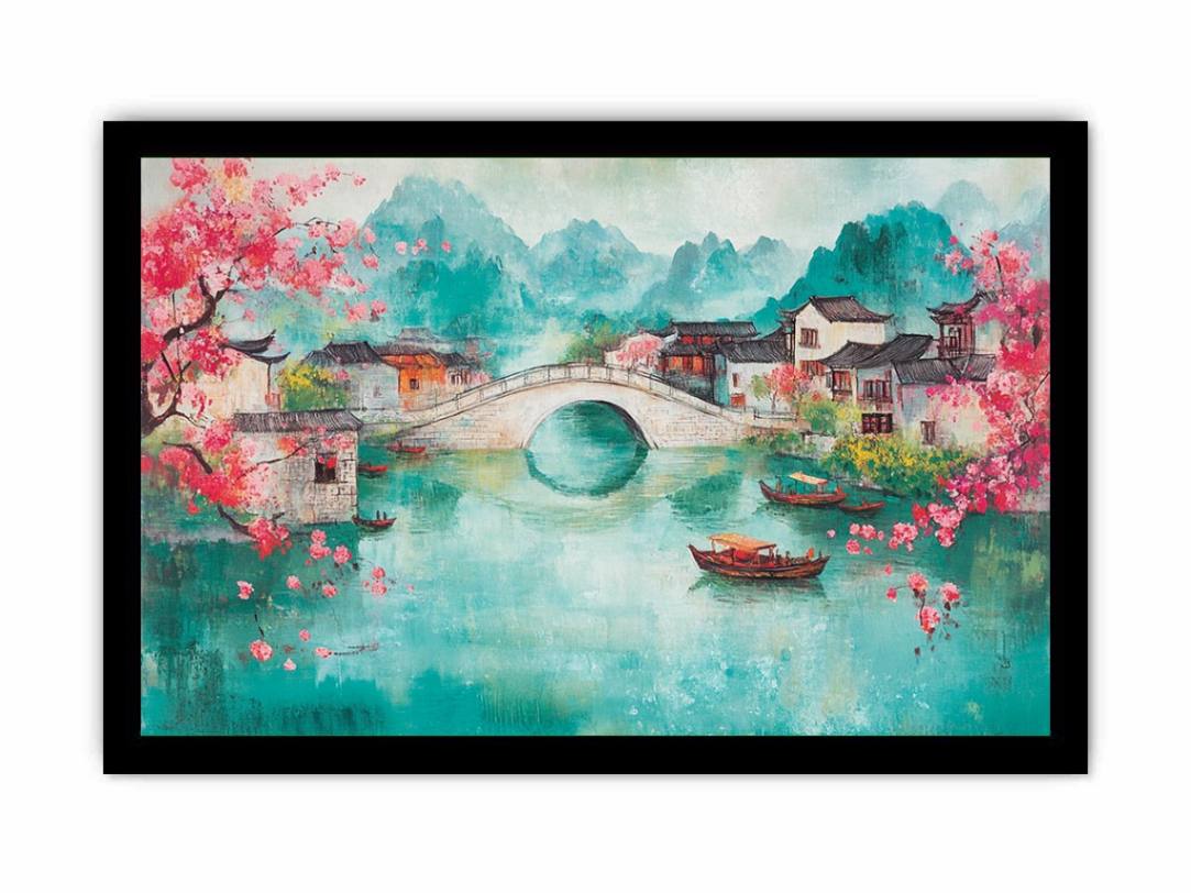 Pastel riverside village painting with bridge and blossoms for elegant living room decor