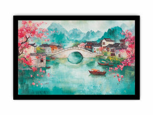 Pastel riverside village painting with bridge and blossoms for elegant living room decor