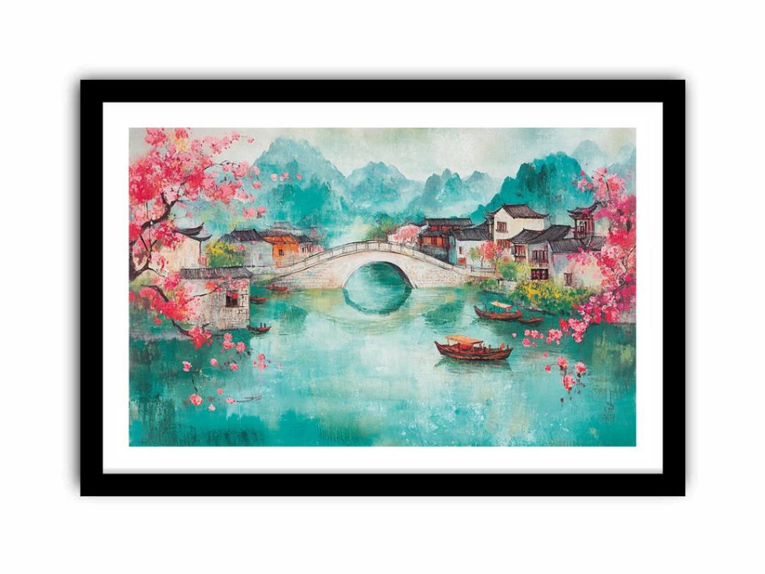 Pastel riverside village painting with bridge and blossoms for elegant living room decor