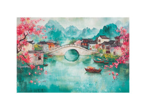 Pastel riverside village painting with bridge and blossoms for elegant living room decor