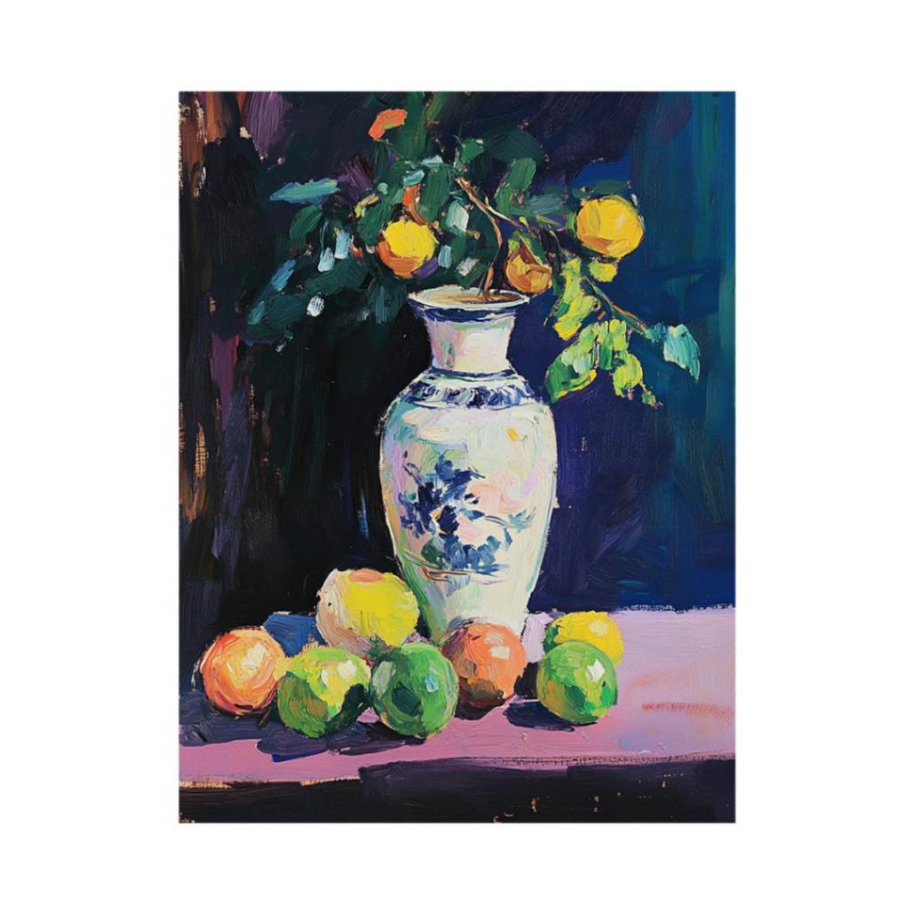 Expressive citrus still life painting with porcelain vase for kitchen and dining room decor