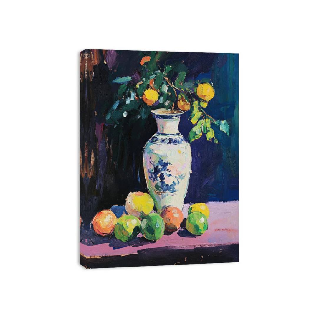 Expressive citrus still life painting with porcelain vase for kitchen and dining room decor
