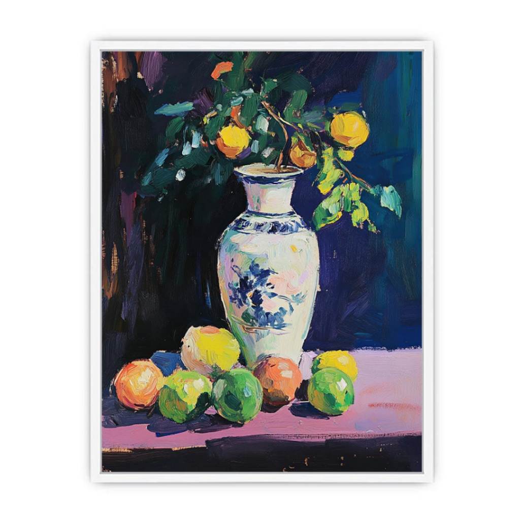 Expressive citrus still life painting with porcelain vase for kitchen and dining room decor
