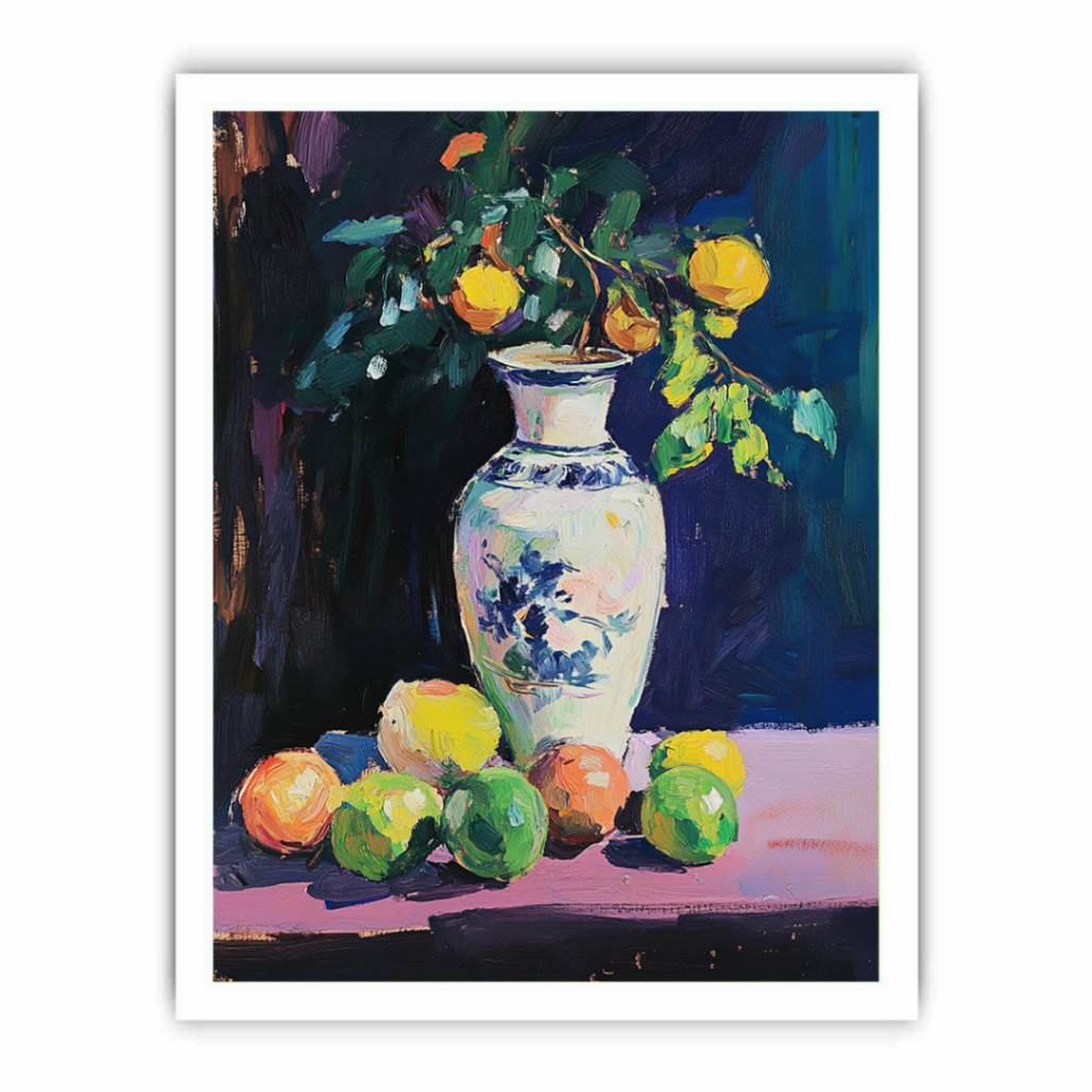 Expressive citrus still life painting with porcelain vase for kitchen and dining room decor