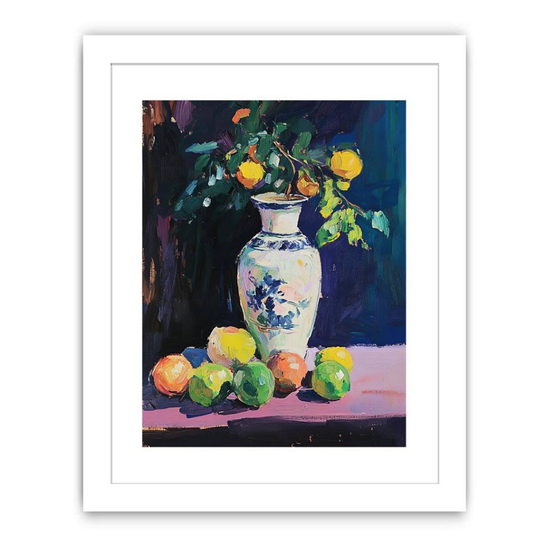 Expressive citrus still life painting with porcelain vase for kitchen and dining room decor