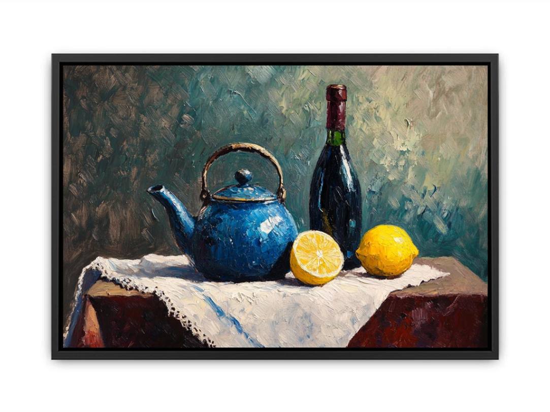 Blue teapot and lemons still life canvas art for kitchen and dining room decor