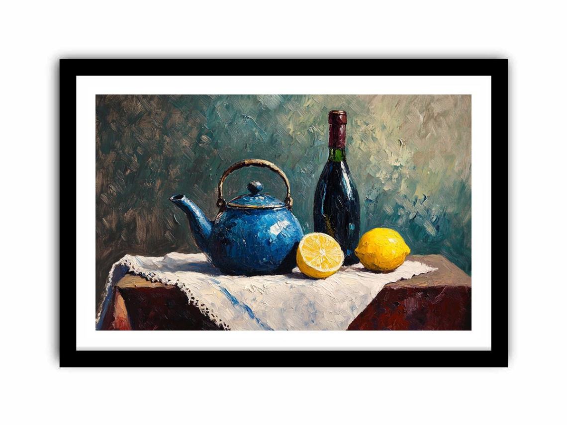 Blue teapot and lemons still life canvas art for kitchen and dining room decor