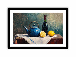Blue teapot and lemons still life canvas art for kitchen and dining room decor