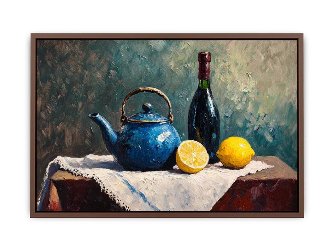 Blue teapot and lemons still life canvas art for kitchen and dining room decor